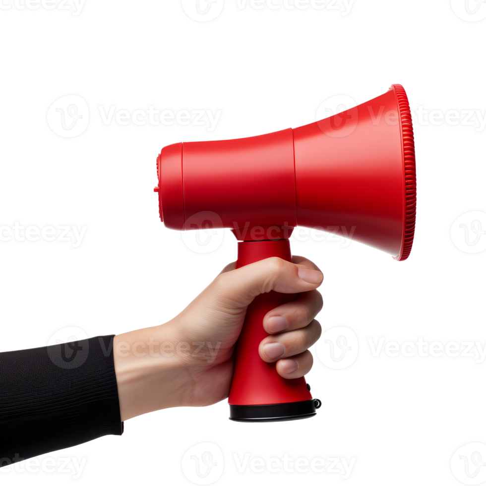 A red megaphone held in a hand for announcements and communication. png