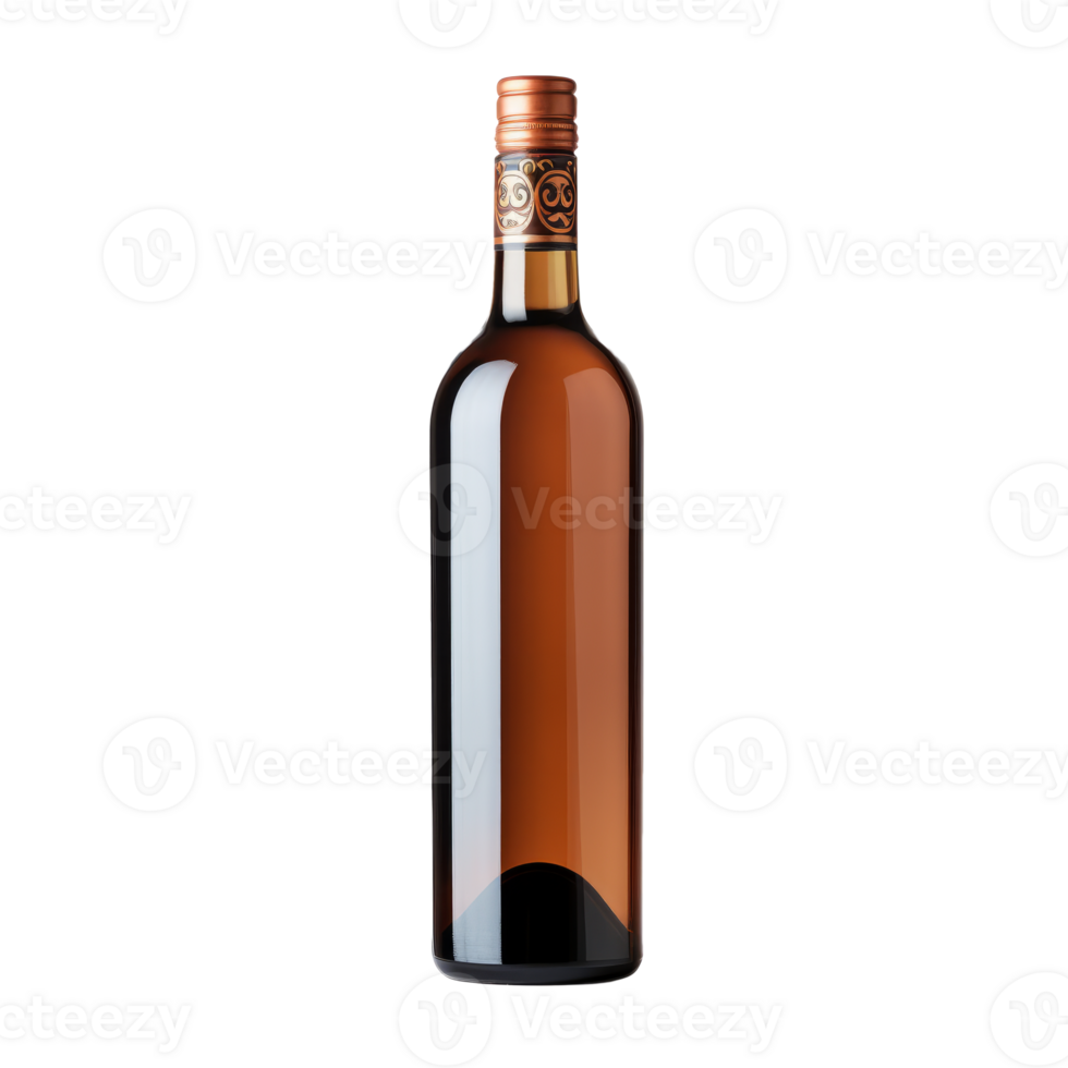 Amber wine bottle with decorative neck design on a transparent background png