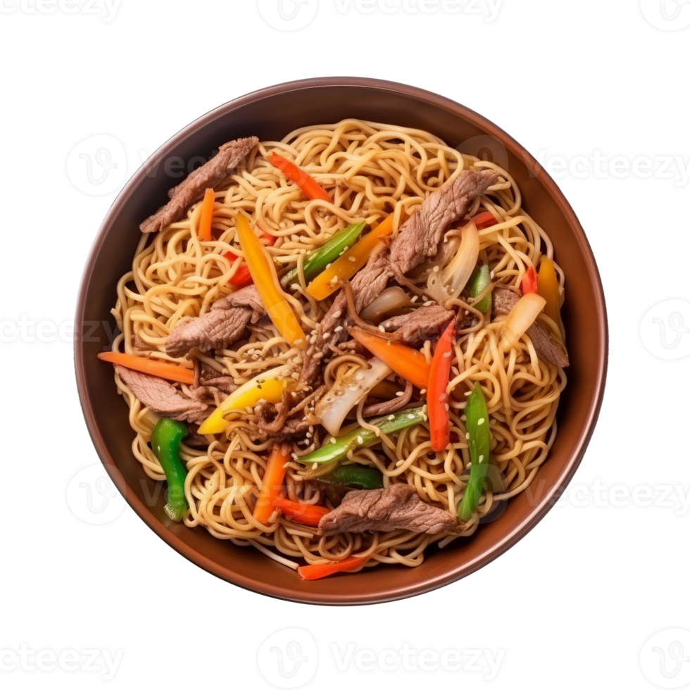A delicious bowl of beef stir-fried noodles with colorful vegetables png