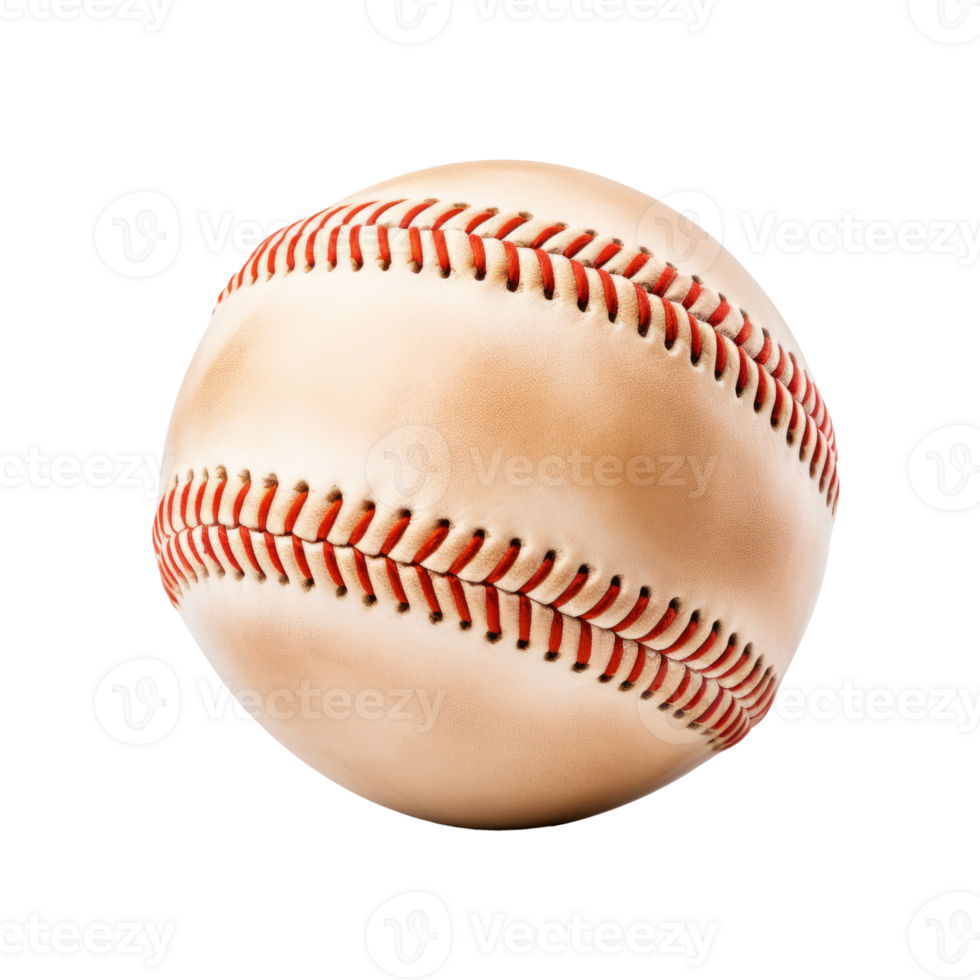 A close-up of a traditional baseball with red stitching on a white surface. png