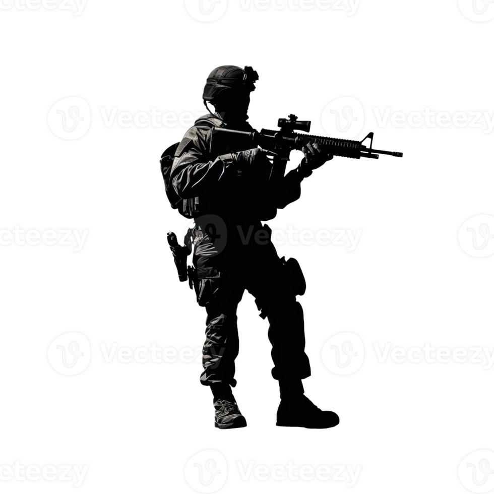 Silhouette of a soldier in tactical gear holding a weapon png