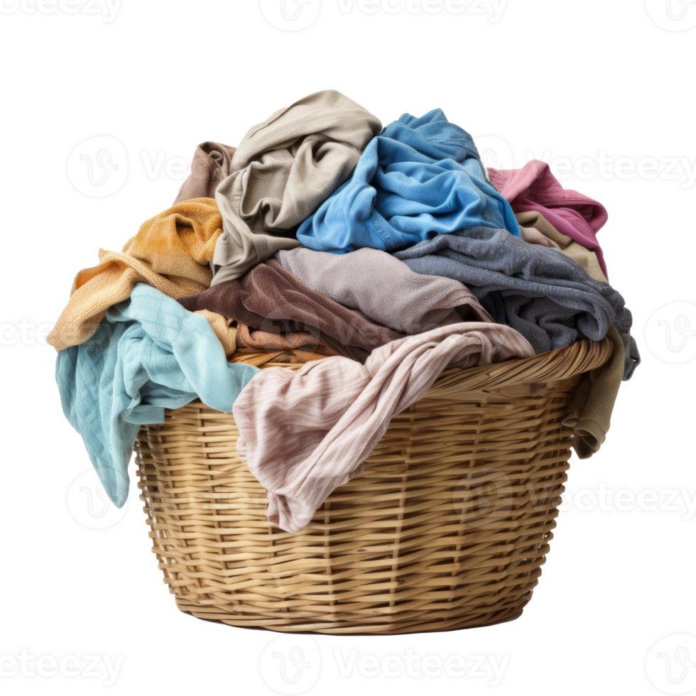 A laundry basket filled with colorful folded clothes and textiles. png