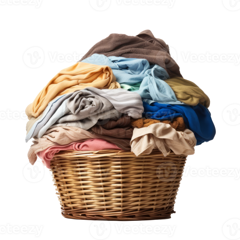A woven basket filled with a colorful pile of laundry. png