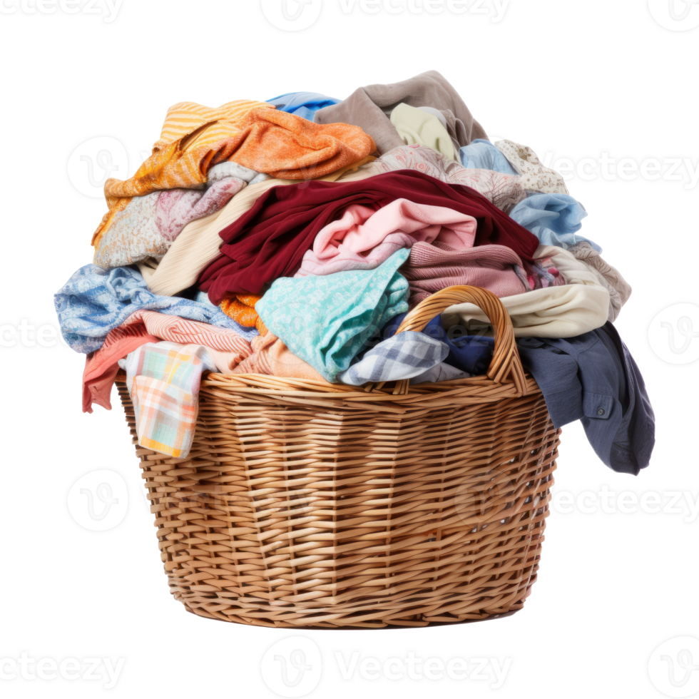 A wicker basket filled with a colorful pile of laundry. png