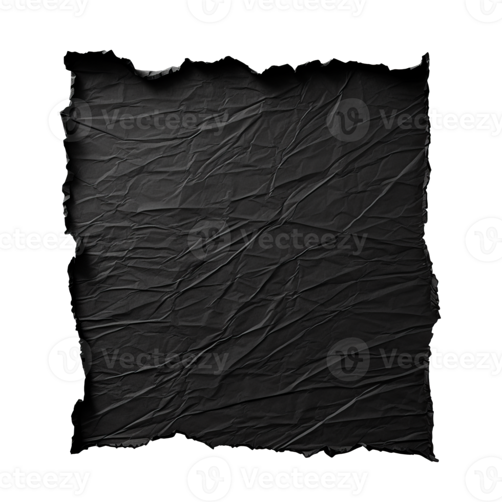 Crumpled black paper texture with a wrinkled appearance isolated on transparent background png