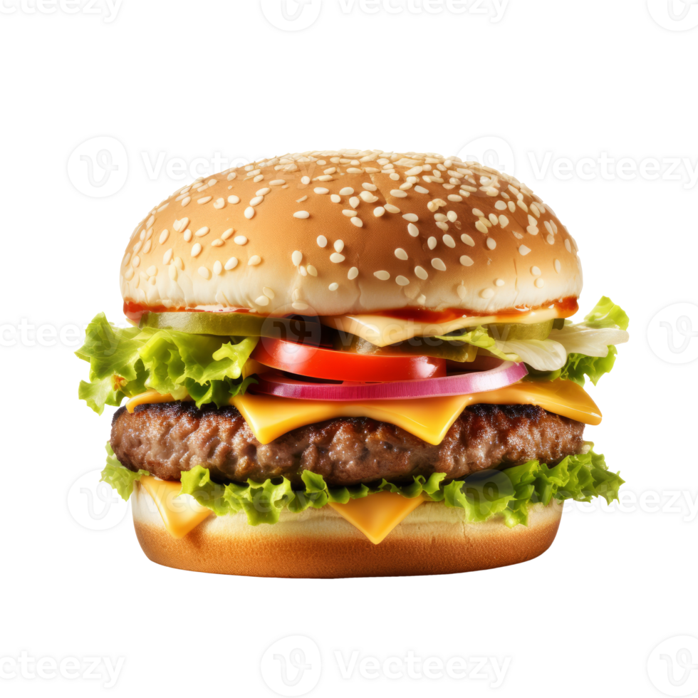 Delicious cheeseburger with lettuce and tomato on a sesame seed bun png