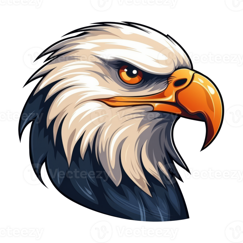 Illustration of a majestic eagle head with detailed feathers and bright colors. png