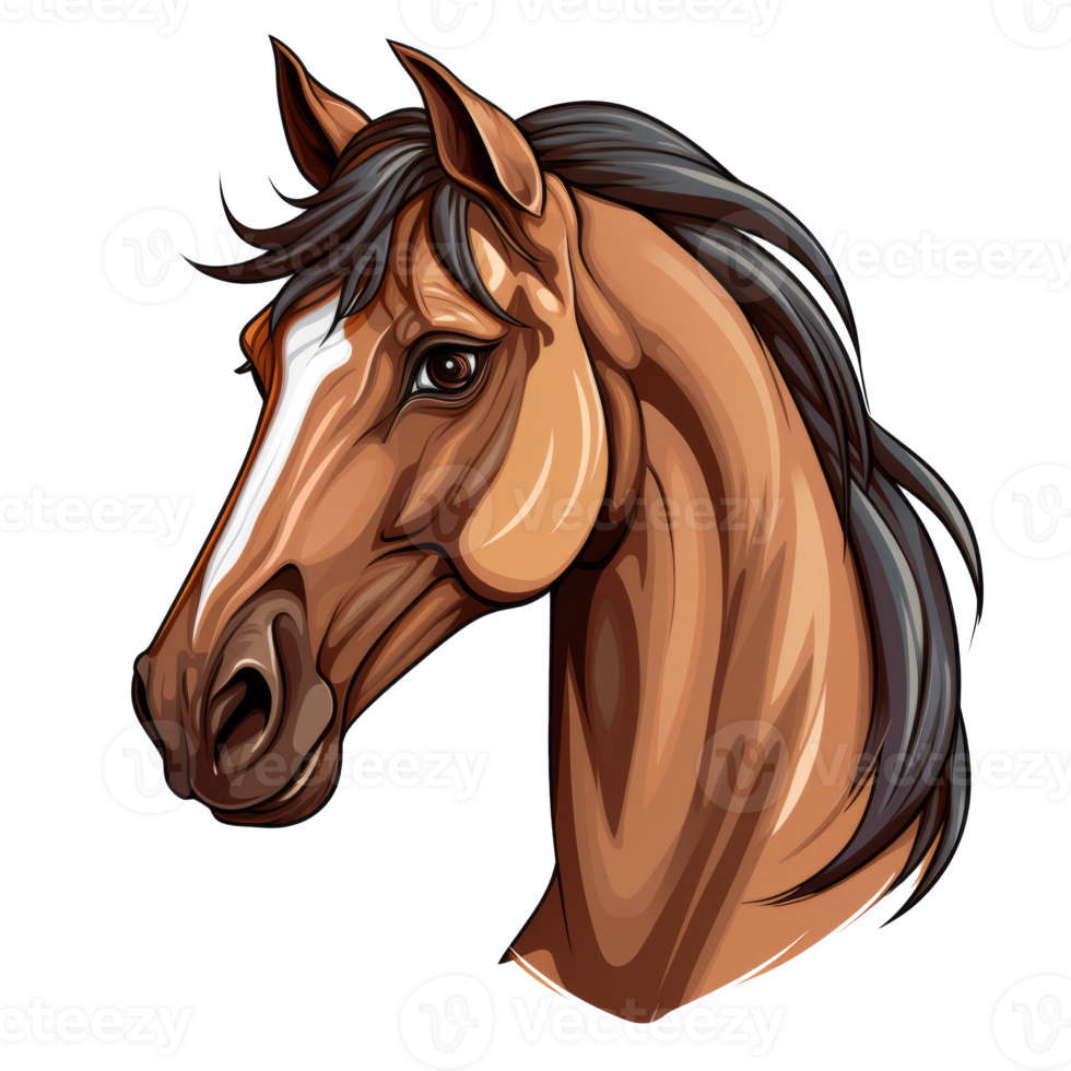 Stylized illustration of a horse head with brown mane and expressive eyes. png