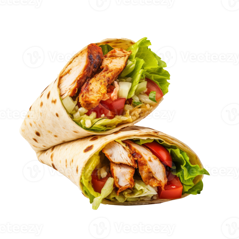 Two delicious chicken wraps filled with fresh vegetables on a transparent background png