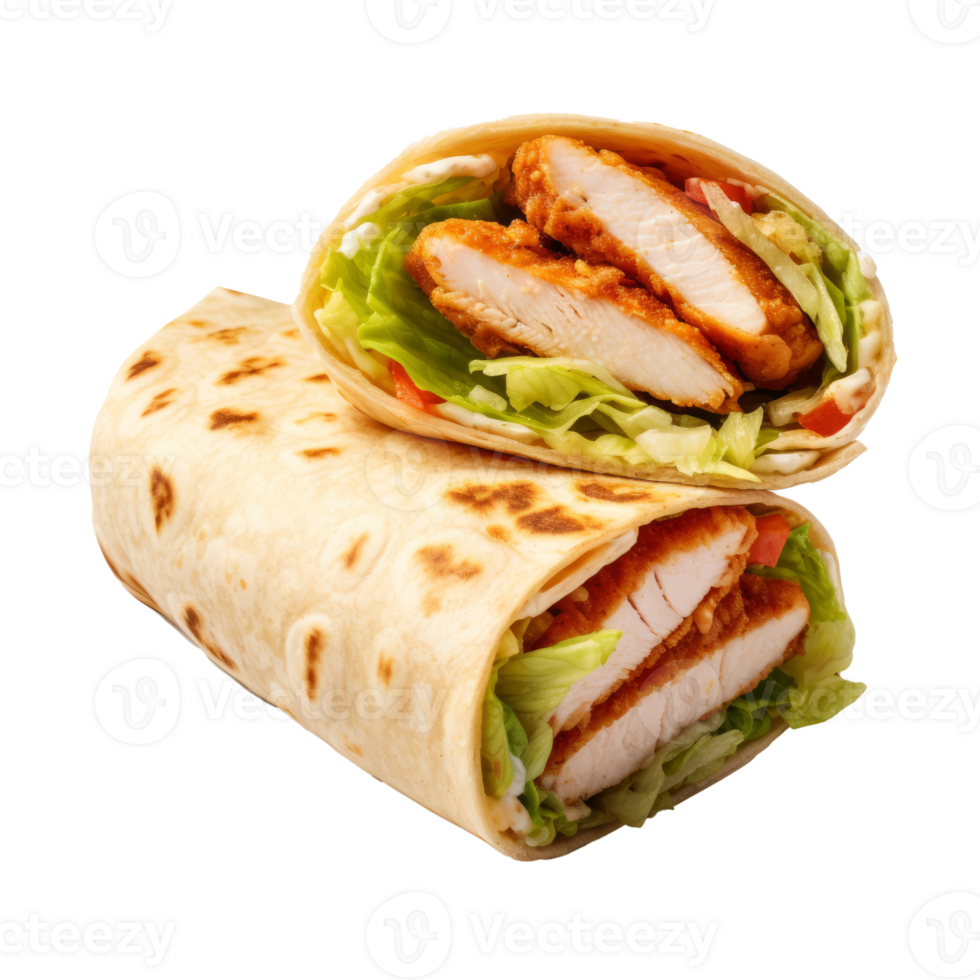 Delicious chicken wrap with lettuce and tomato on a tortilla png