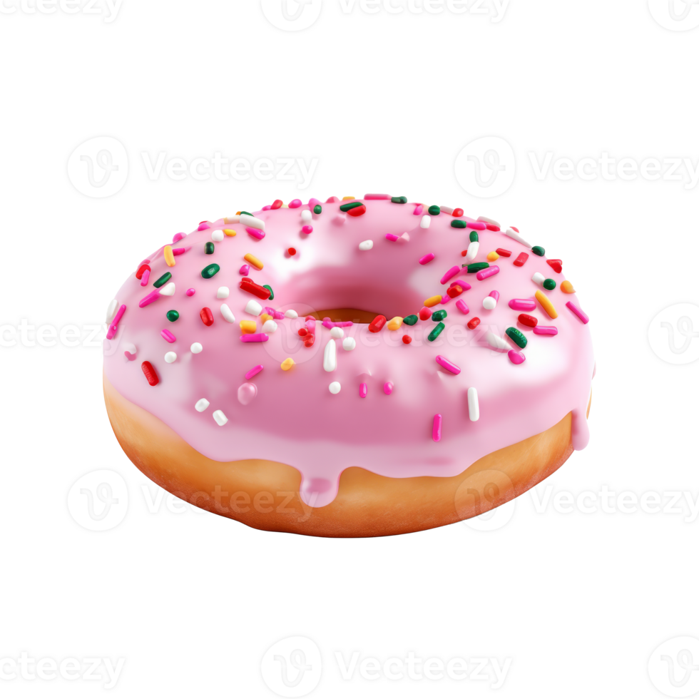 A delicious pink frosted donut with colorful sprinkles on top png
