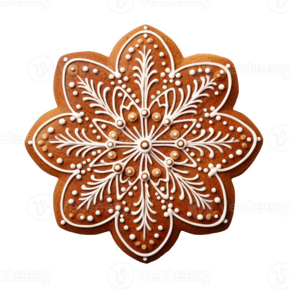 Decorative gingerbread cookie shaped like a snowflake with intricate icing design. png