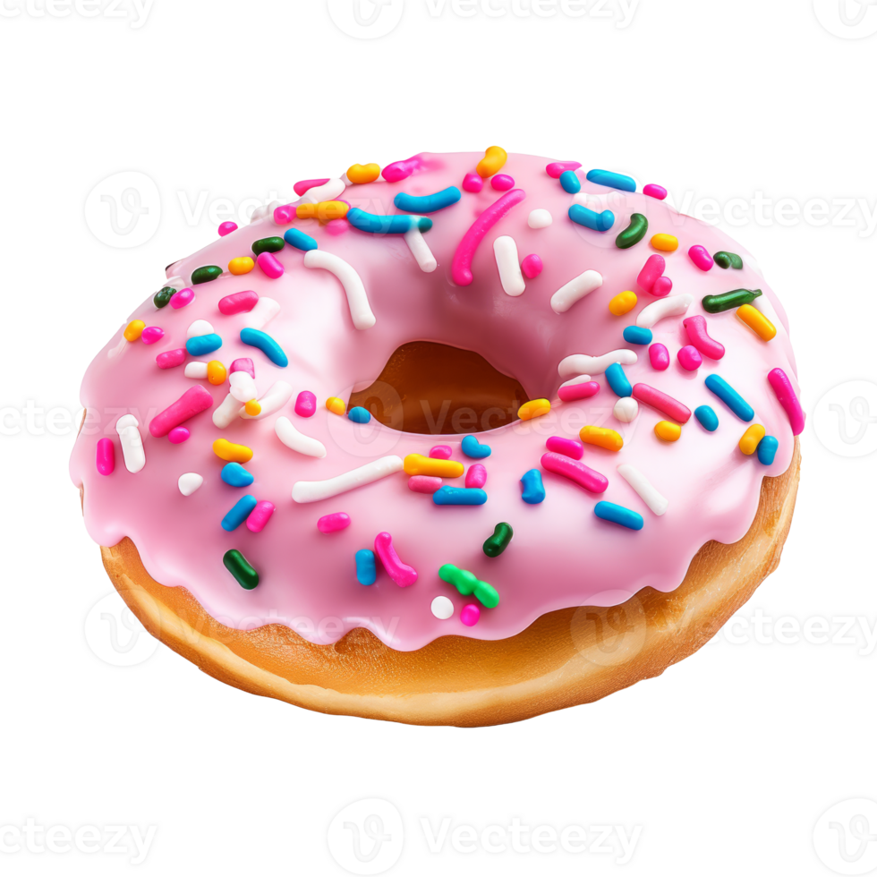 A colorful pink frosted donut with sprinkles on a transparent background png