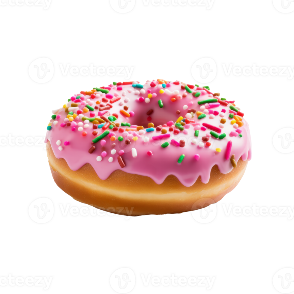 A colorful pink frosted donut with sprinkles on a transparent background png