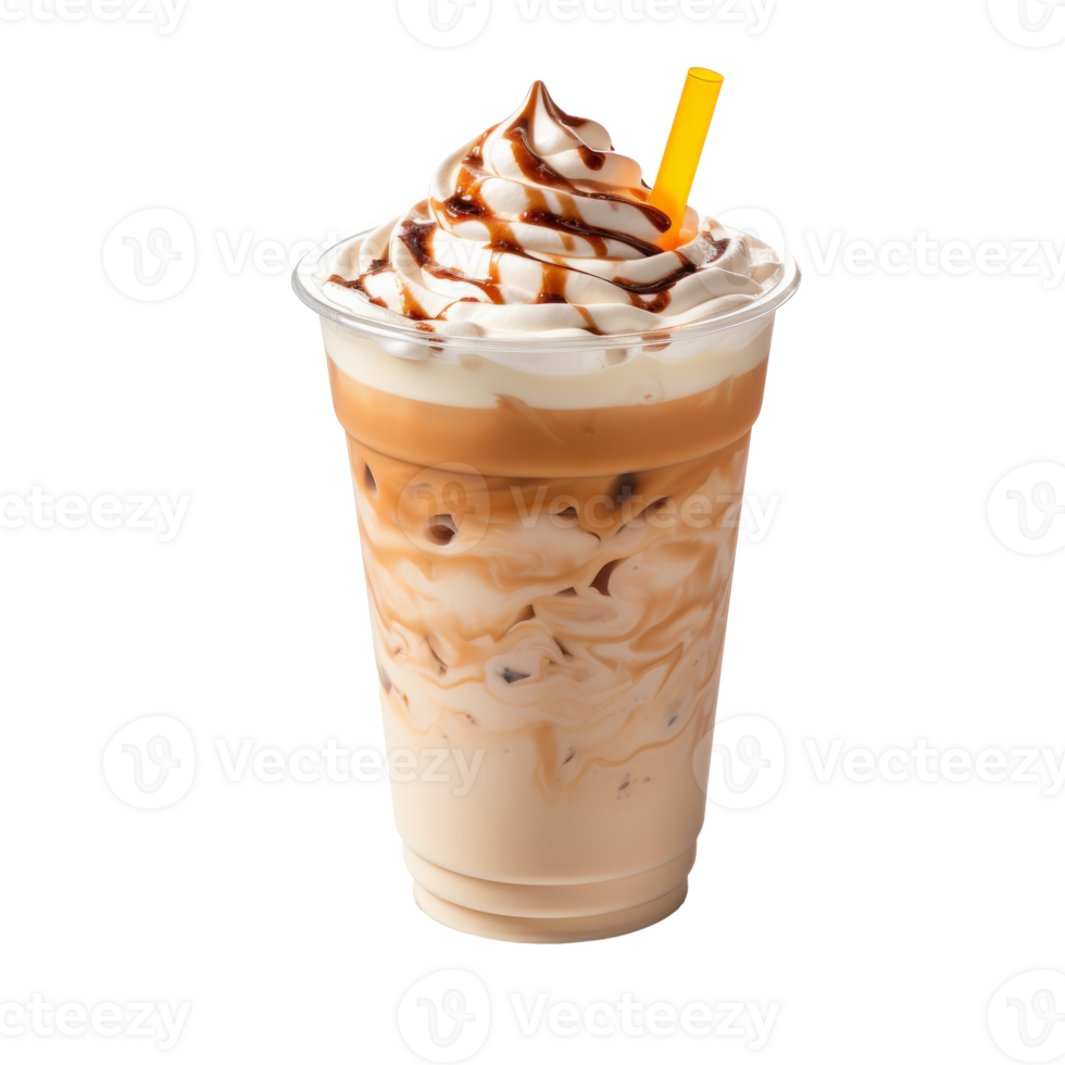 Iced coffee drink topped with whipped cream and chocolate syrup png