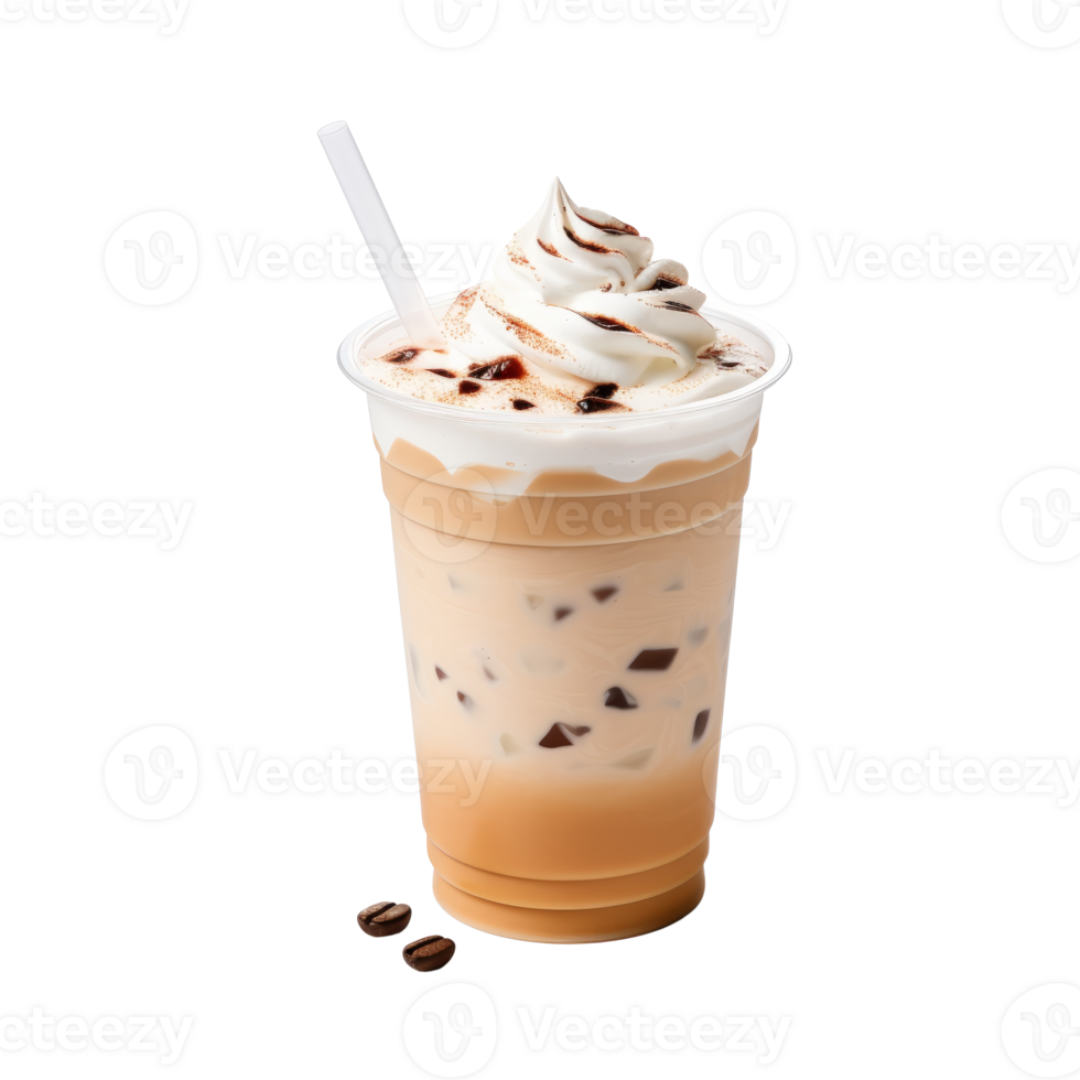 Iced mocha coffee drink topped with whipped cream and chocolate drizzle png