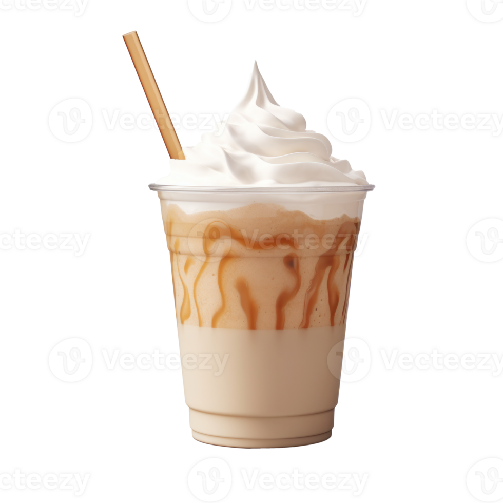 Creamy caramel frappuccino topped with whipped cream and a straw png