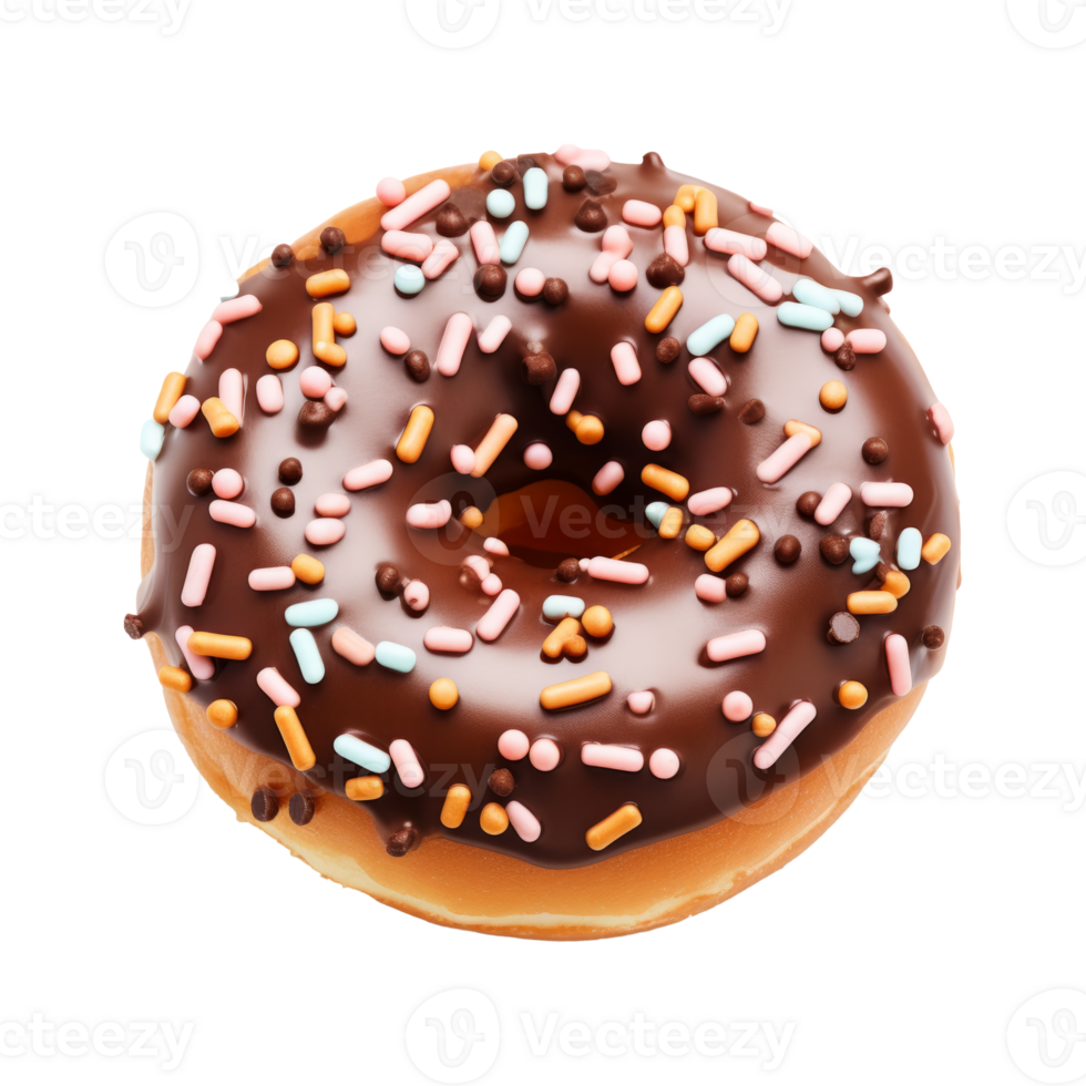 A delicious chocolate donut topped with colorful sprinkles on a white background. png