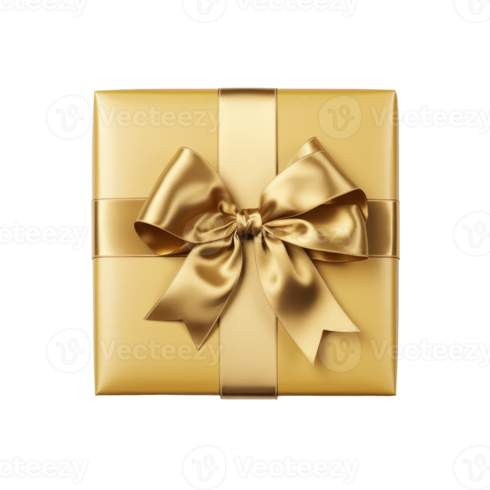 A beautifully wrapped gold gift box with a shiny bow on top. png