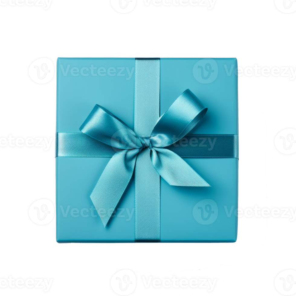 A beautifully wrapped blue gift box with a satin ribbon bow png