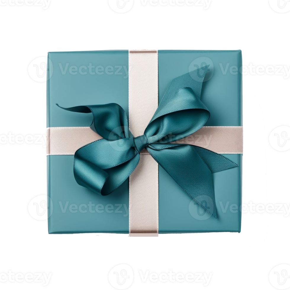 A beautifully wrapped teal gift box with a satin ribbon bow. png