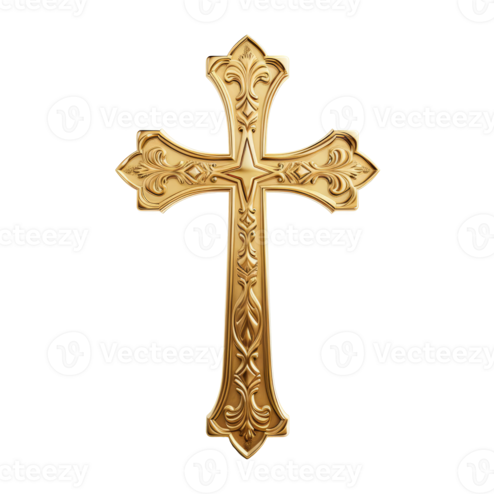 A gold ornate cross symbolizing faith and spirituality on a transparent background. png