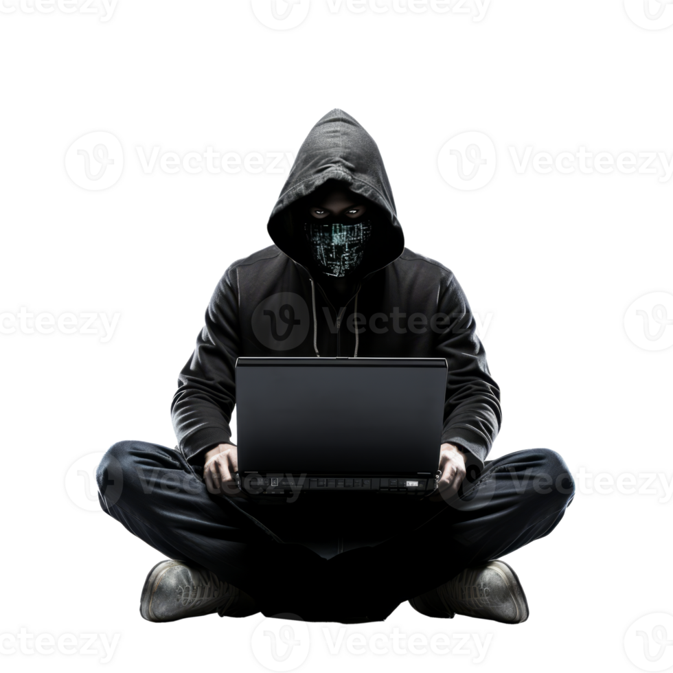 A hooded hacker working on a laptop in a dark environment png