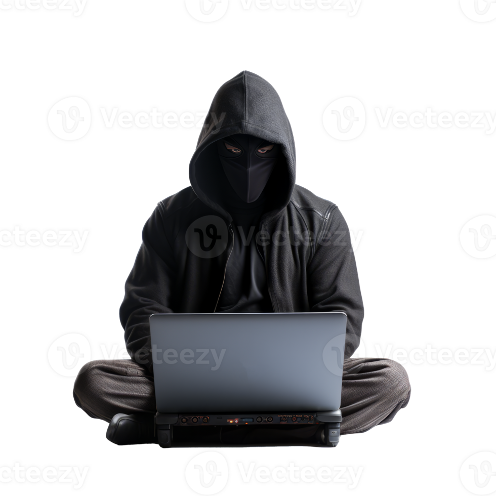 A mysterious hacker in a hoodie working on a laptop in darkness png