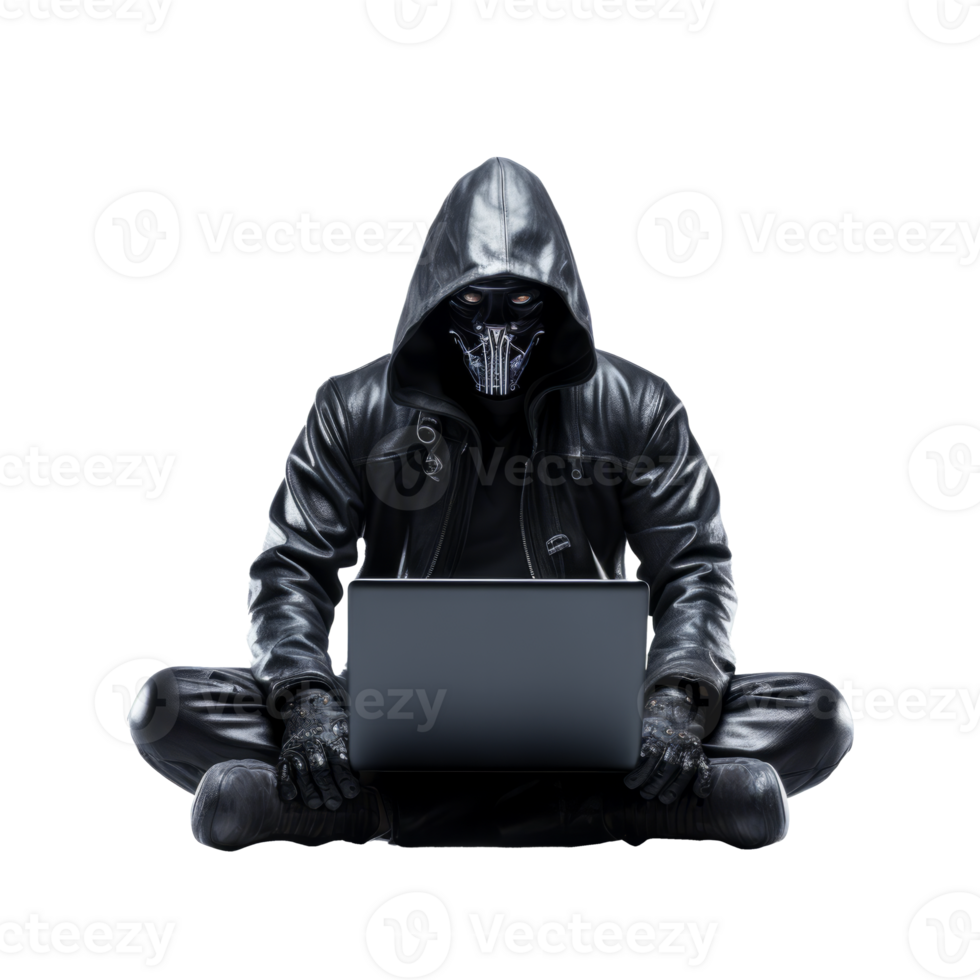 A mysterious hacker in a hoodie using a laptop in the dark png
