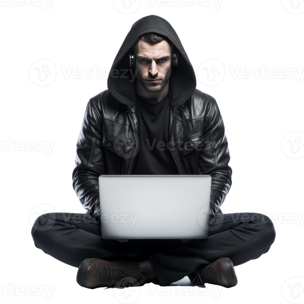 A man in a hoodie using a laptop while wearing headphones. png