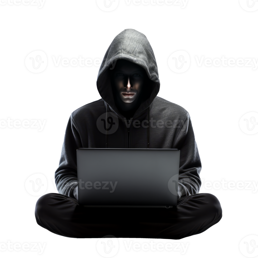 A mysterious figure in a hoodie working on a laptop in darkness png