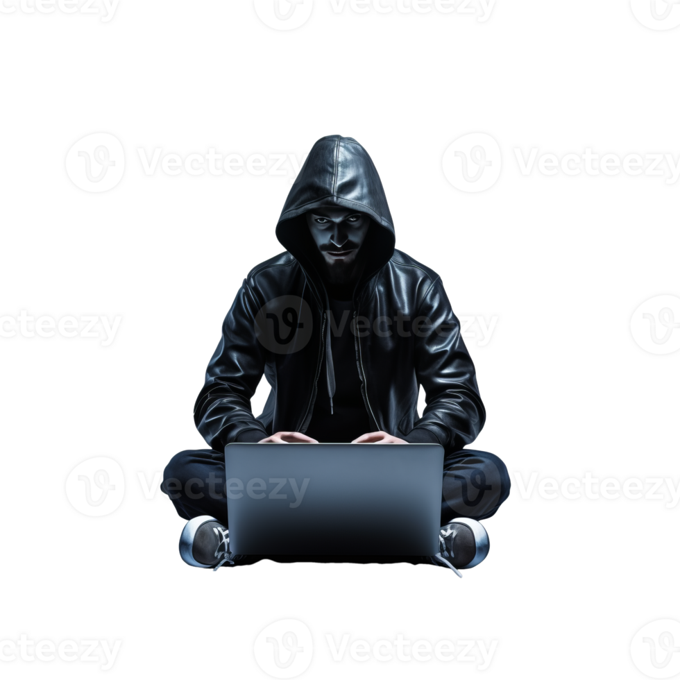 A mysterious hacker in a hoodie working on a laptop in the dark png
