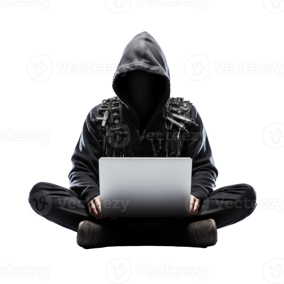 A mysterious hacker in a hoodie working on a laptop in darkness png