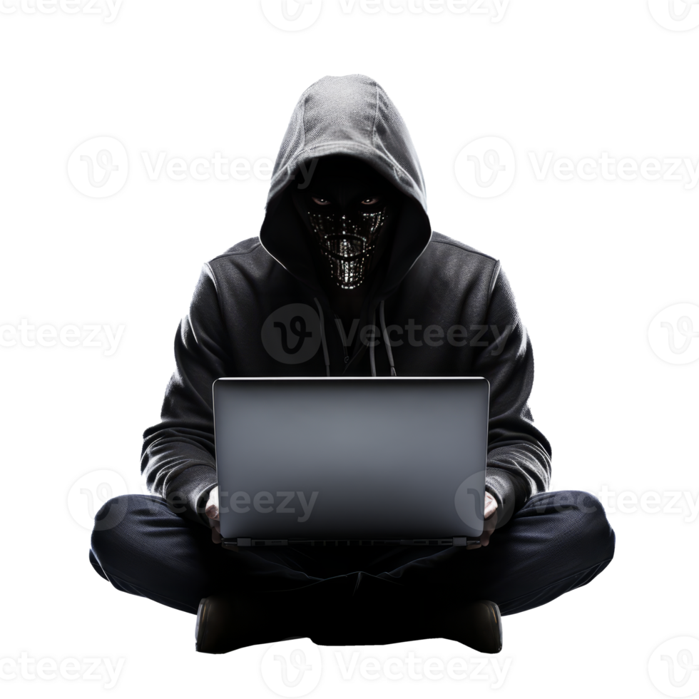A shadowy figure in a hoodie using a laptop in a dark setting. png