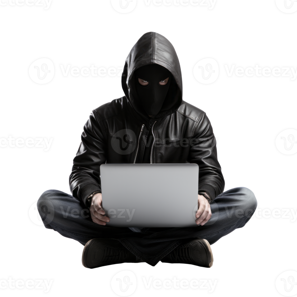 A hooded figure working on a laptop, representing cybercrime and hacking. png