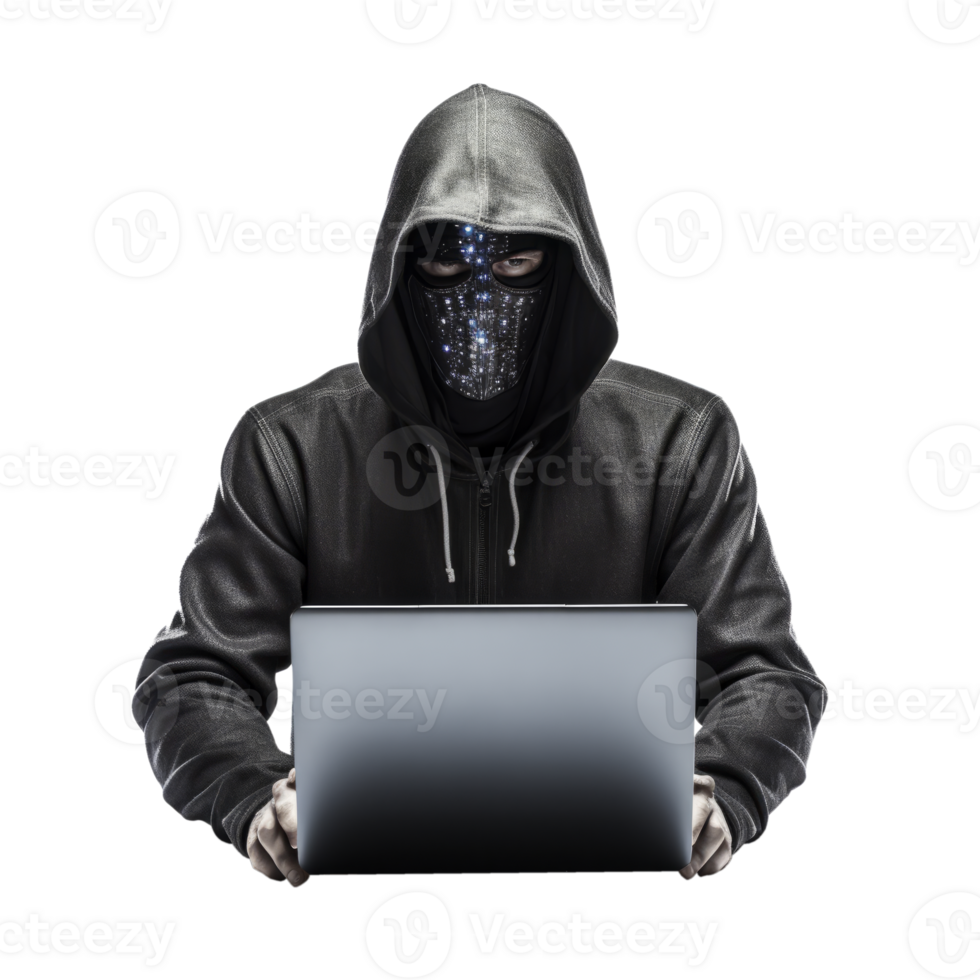 A masked hacker working on a laptop in a dark environment png