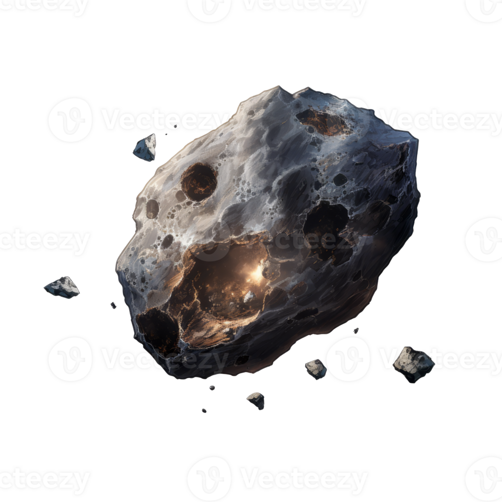 A detailed illustration of a rocky asteroid floating in space. png