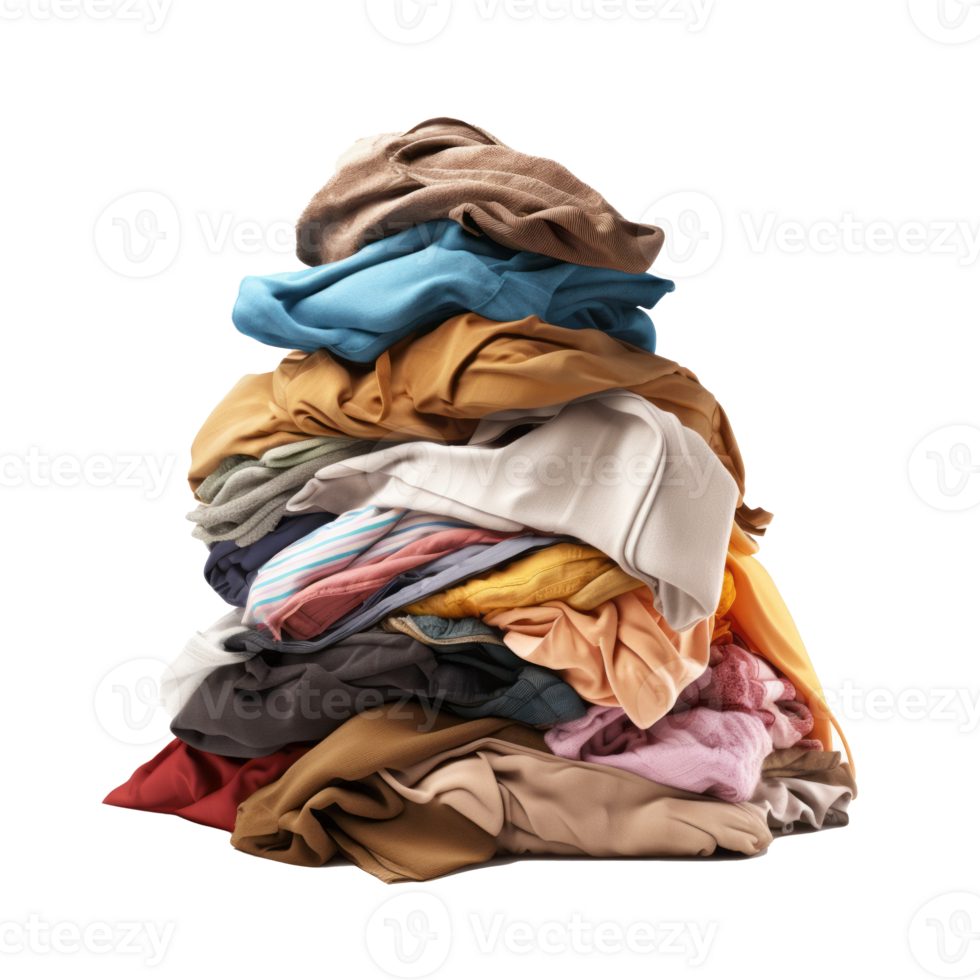 A colorful pile of assorted clothes stacked together on a transparent background png