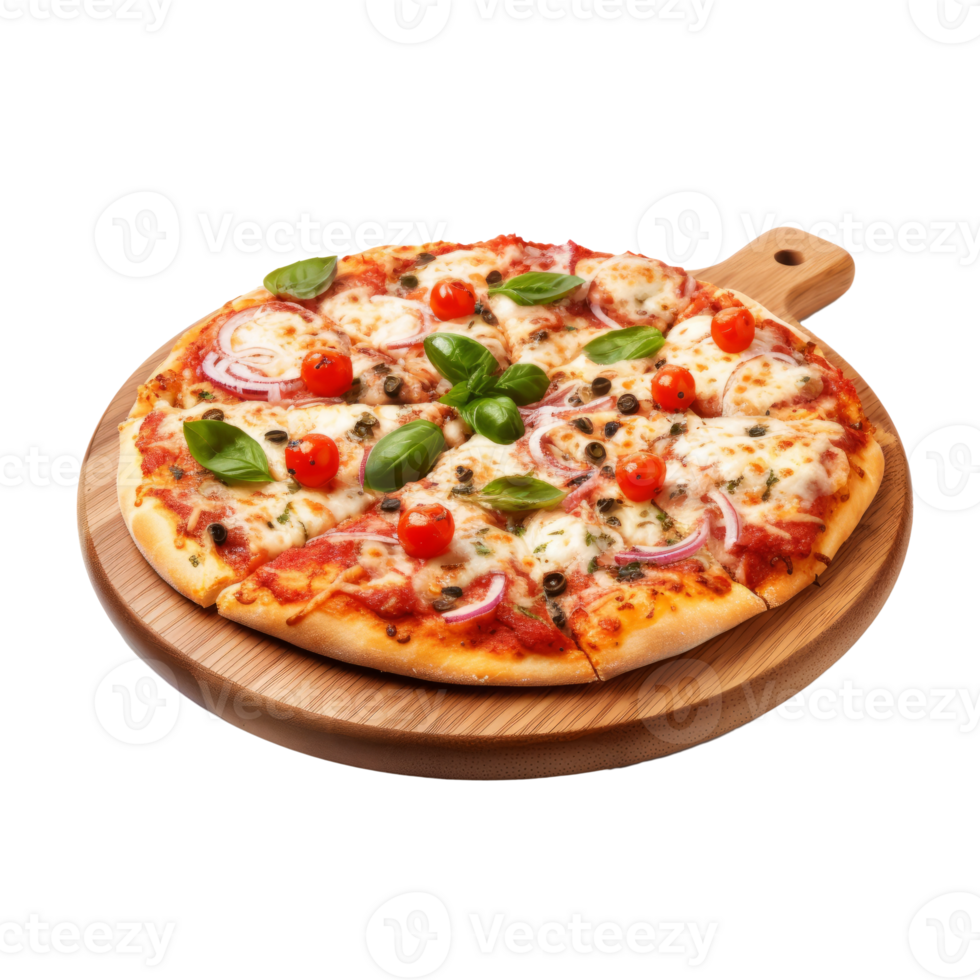 Delicious pizza topped with fresh ingredients on a wooden platter png