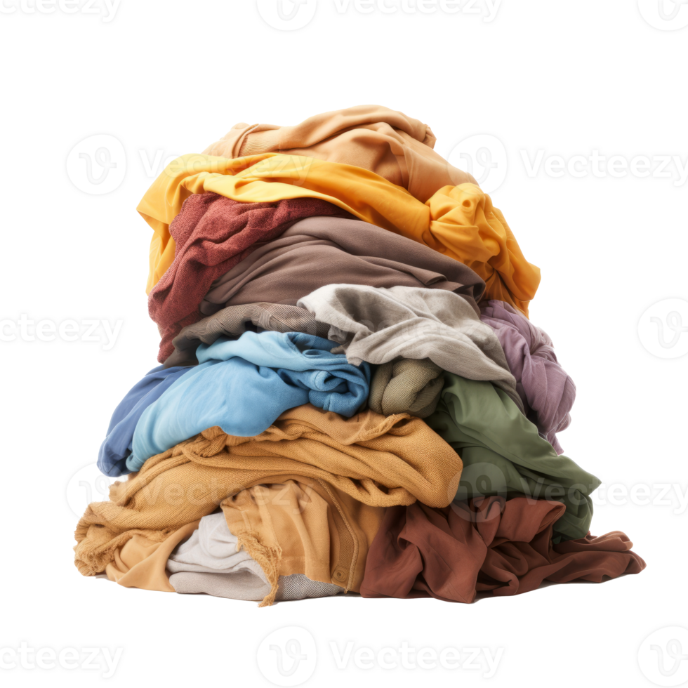A colorful pile of wrinkled clothes and fabric on a transparent background. png