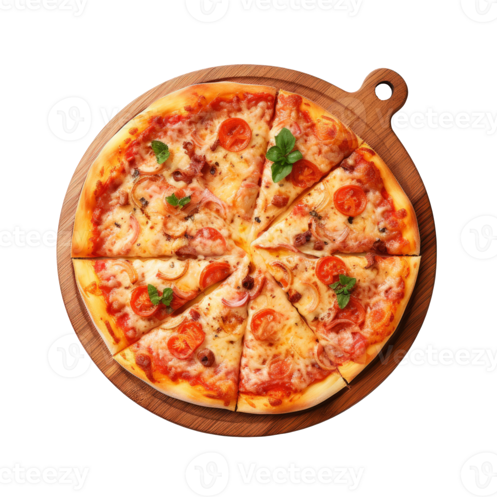 Delicious pizza with toppings served on a wooden pizza board png