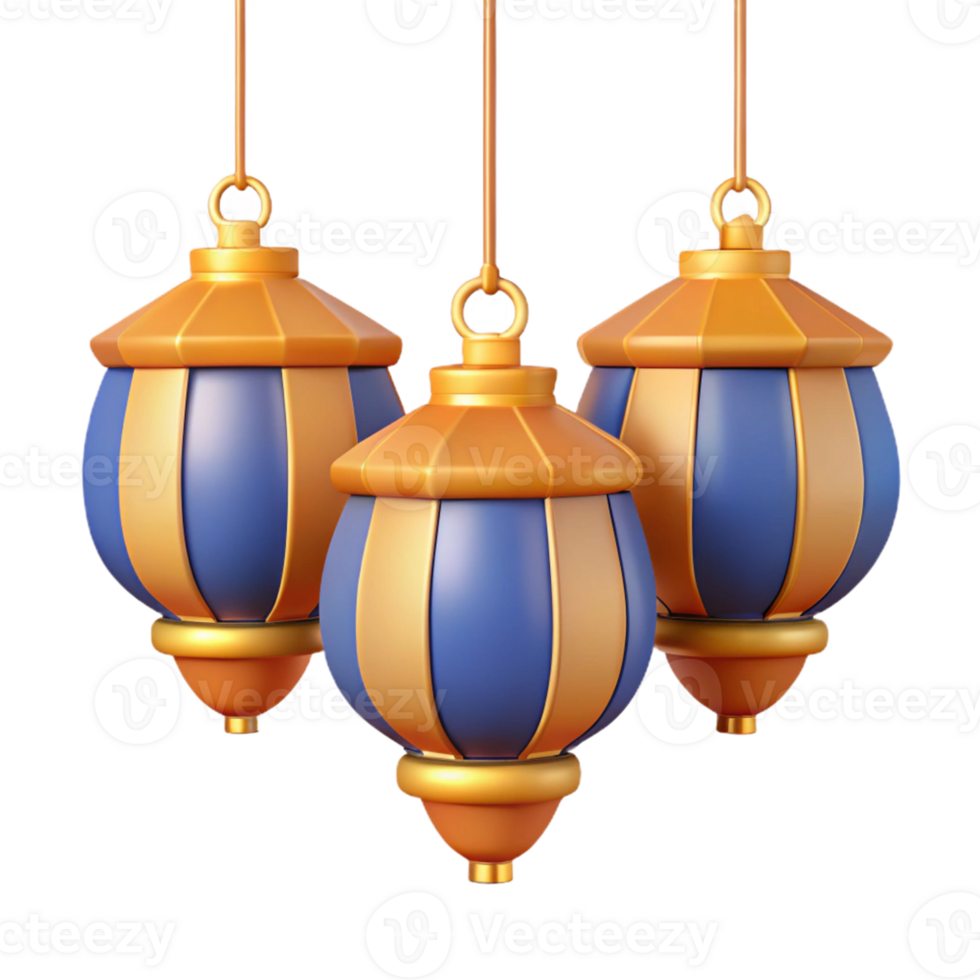 3D Render Blue and Gold Hanging Lanterns png