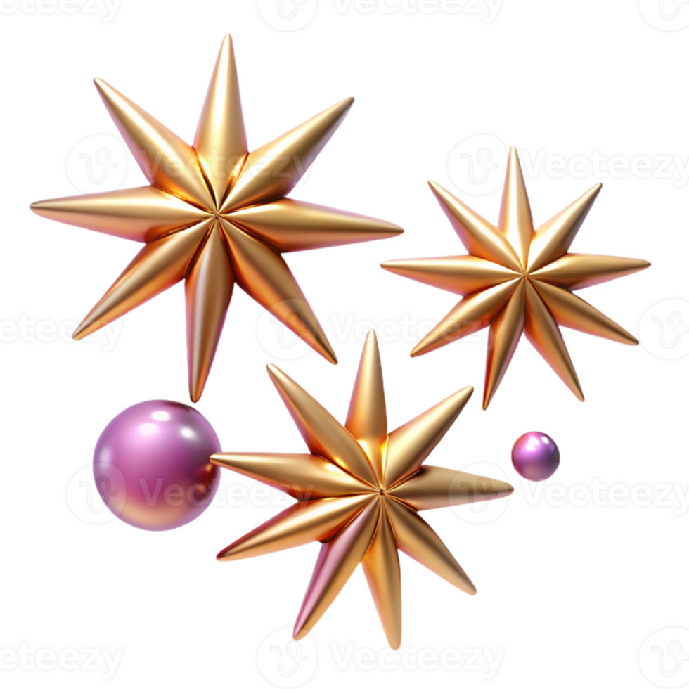 3D Render Golden Stars and Pink Spheres png