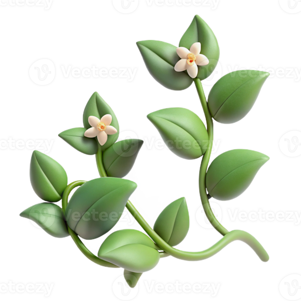 3D Render of Blooming Vine with Green Leaves and White Flowers png