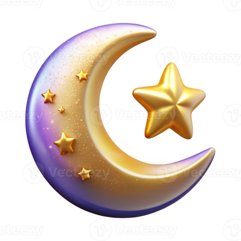 Golden Crescent Moon and Star 3D Illustration png