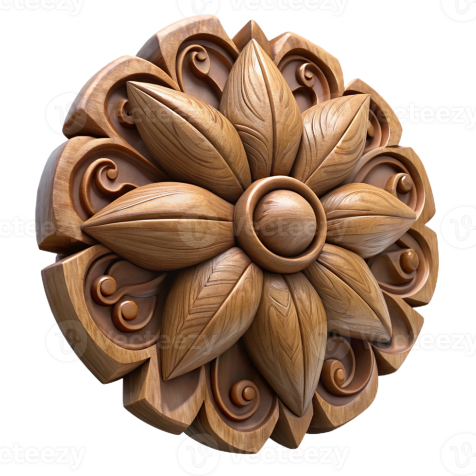 3D Render Wooden Flower Carving Ornament png