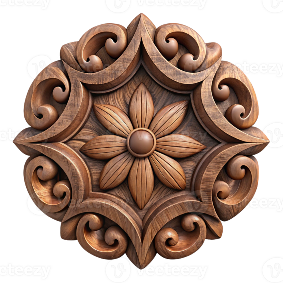 3D Render Wooden Floral Ornament, Intricate Carving png