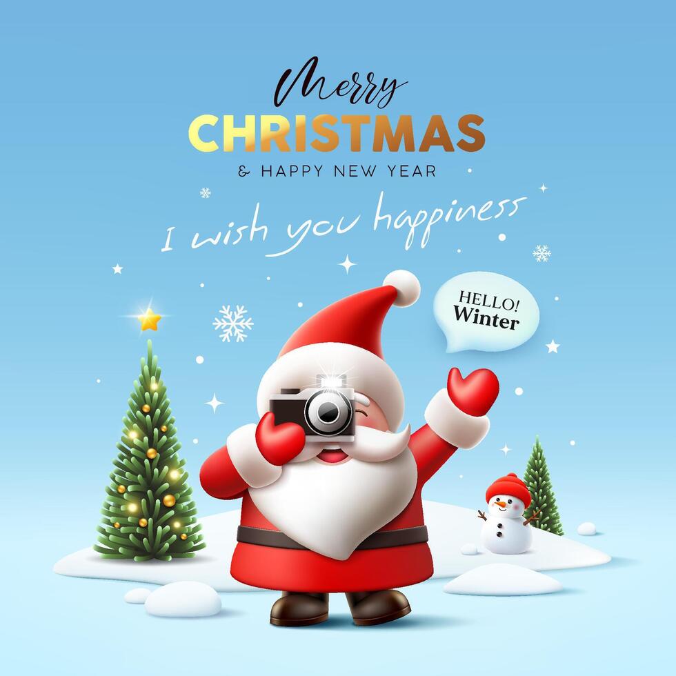 Merry Christmas and Happy new year, Santa claus hand holding photo camera with snowman and pine tree, poster design on snow blue background vector