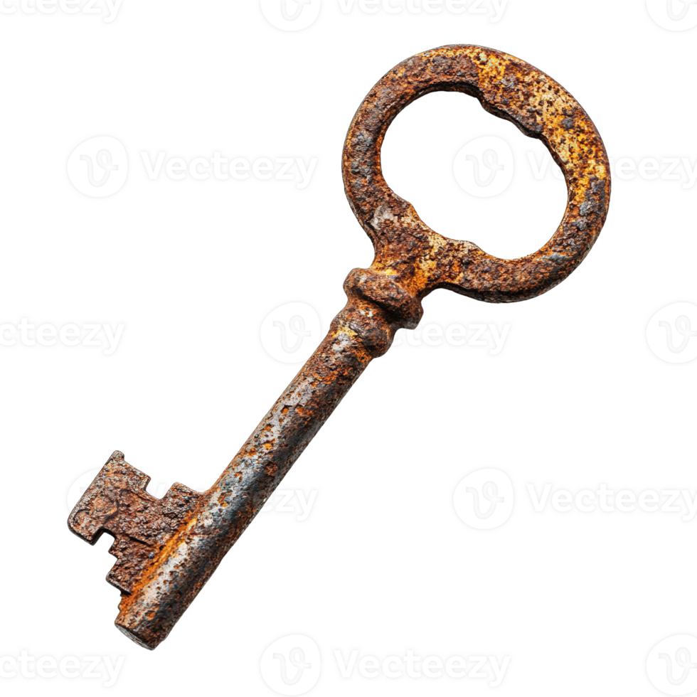 Weathered Metal Key with Rich Textures, Rust Stains, and Twisted Designs png