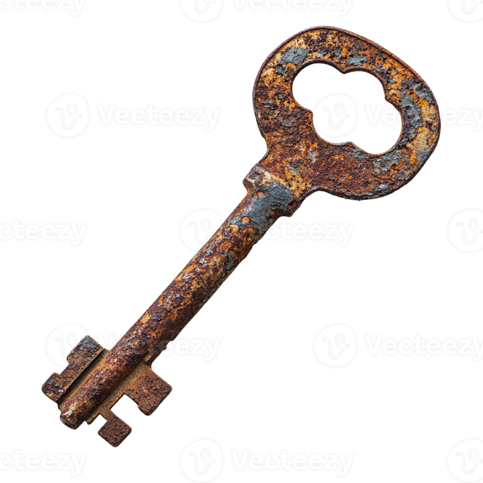 Close-Up of Damaged Iron Key Highlighting Rust and Aged Patina png